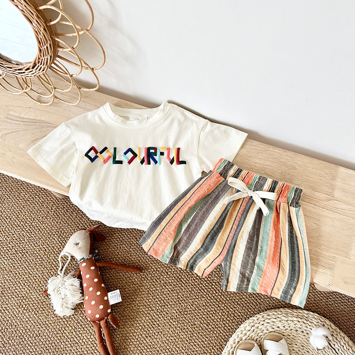 Summer Casual Embroidery Short Sleeve T-shirt & Colorful Shorts