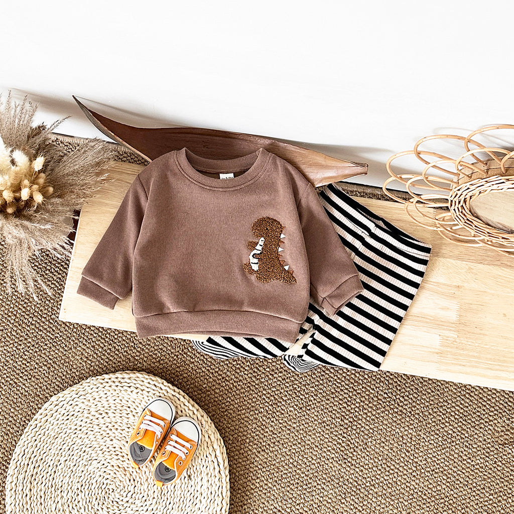 Infant Crew Neck Animal Sweatshirt With Striped Stretch Pants