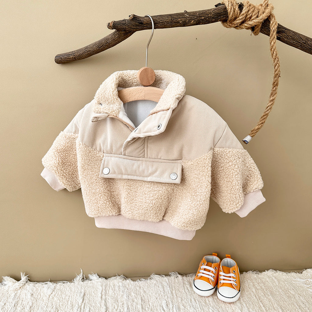 Cute Baby Sherpa Spliced Coat, Corduroy Kids Top With Front Pocket