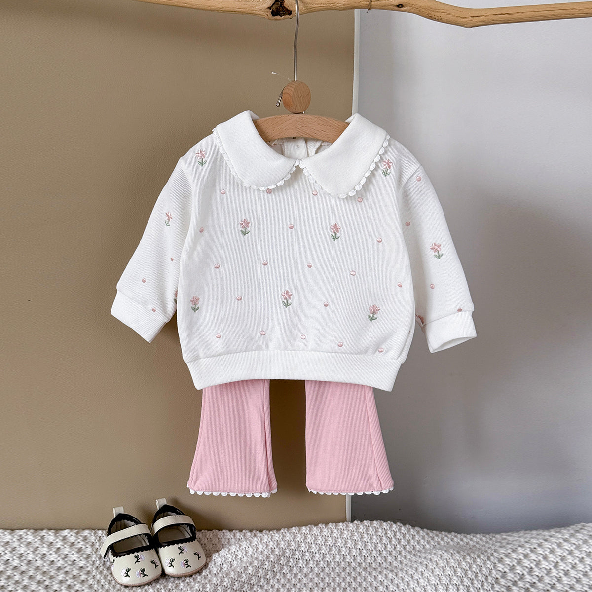 Baby Girl Floral Embroidered Long Sleeve Top and Pants Set Spring Autumn 0-3 Years Old