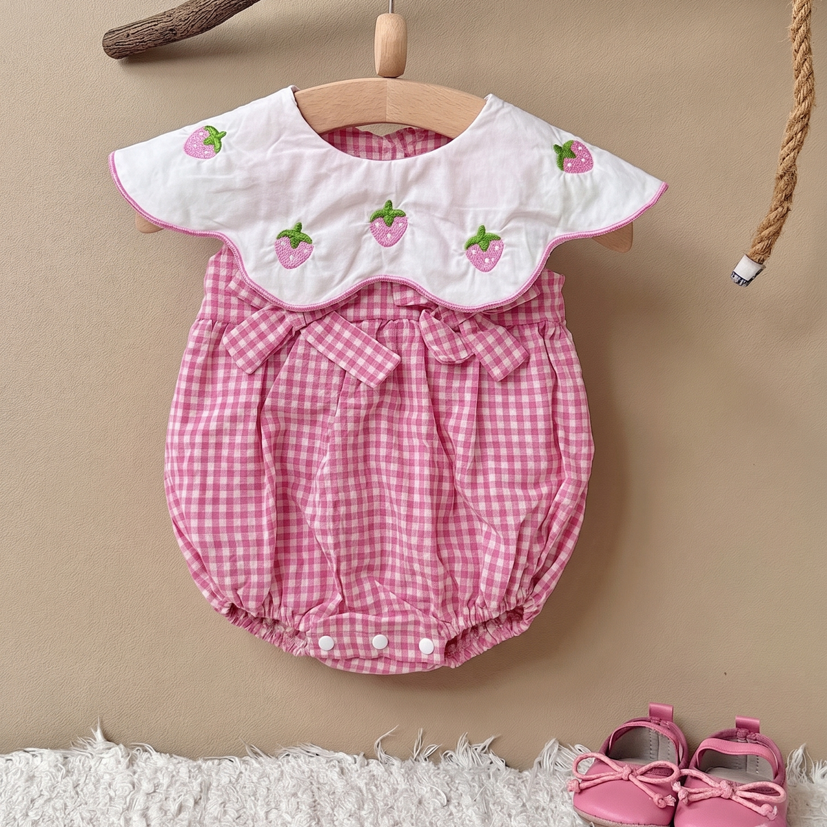 Strawberry Embroidered Gingham Baby Girl Bubble Romper