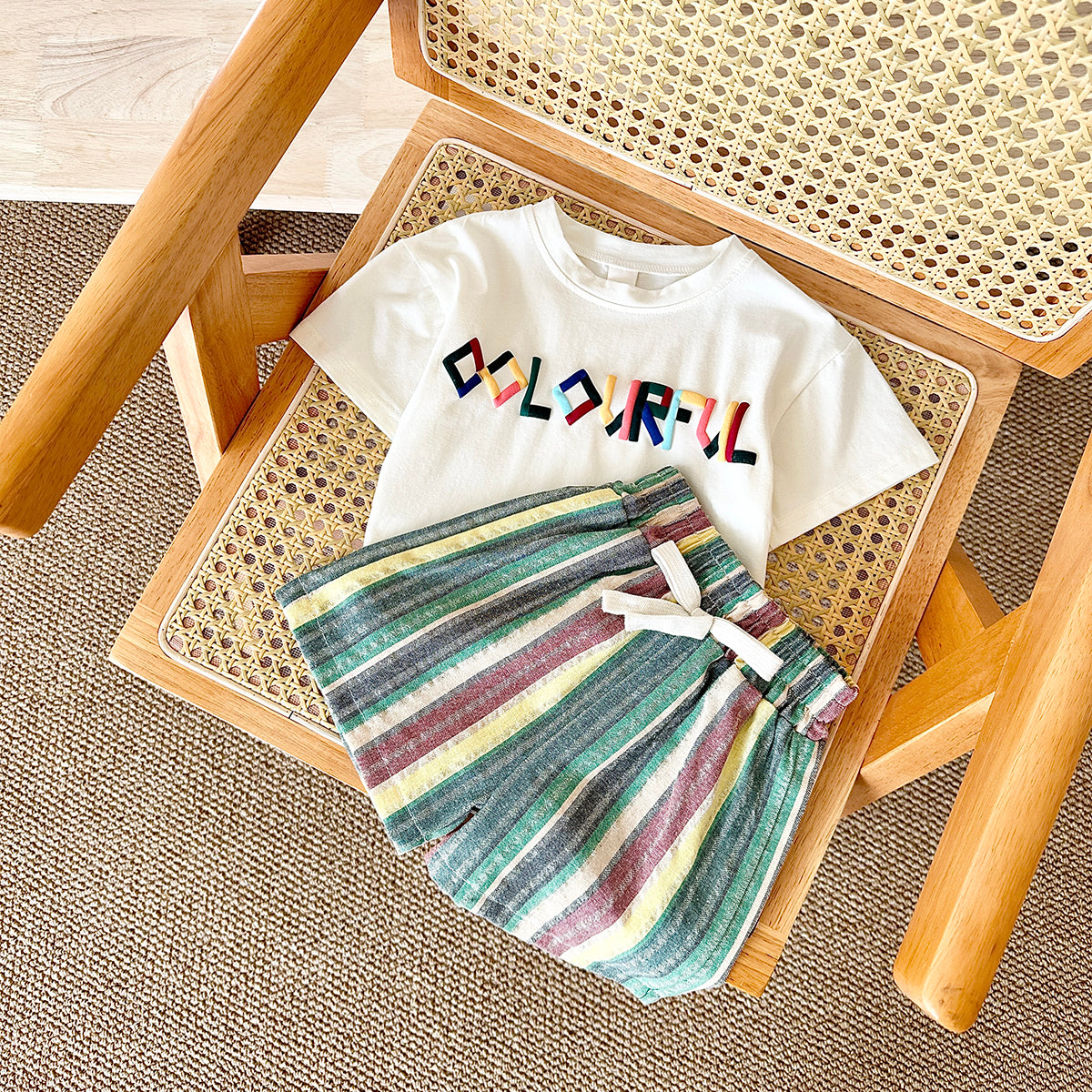 Summer Casual Embroidery Short Sleeve T-shirt & Colorful Shorts