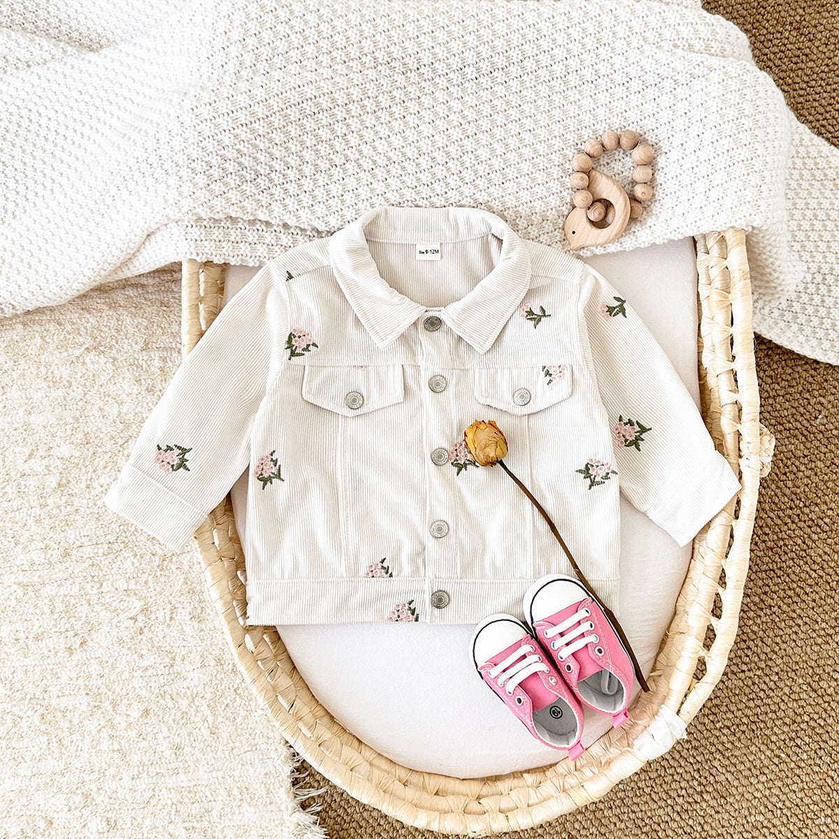 Simple Vintage Girls Corduroy Jacket, All-over Floral Embroidery Baby Coat