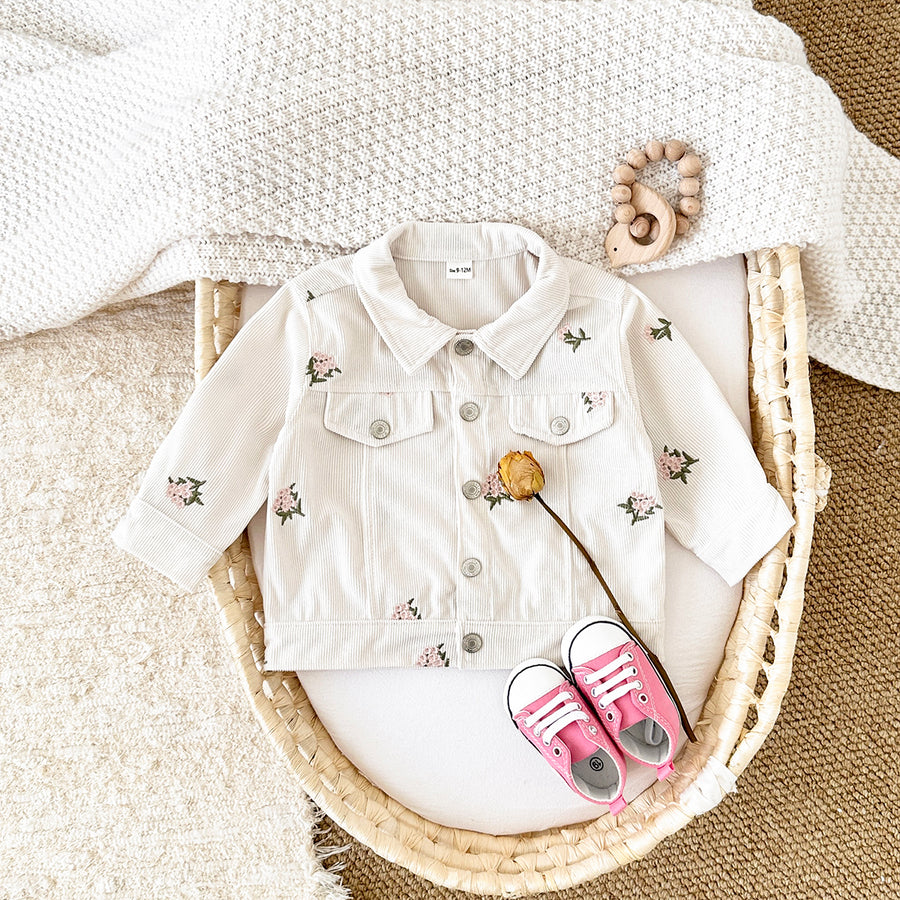 Simple Vintage Girls Corduroy Jacket, All-over Floral Embroidery Baby Coat