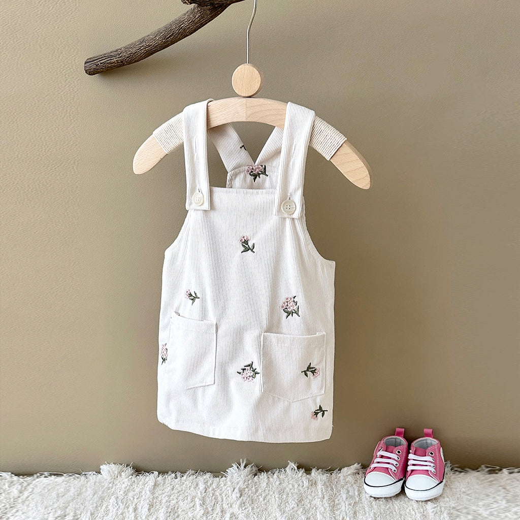 Spring Autumn Girls Embroidery Overall Dress With Double Pockets