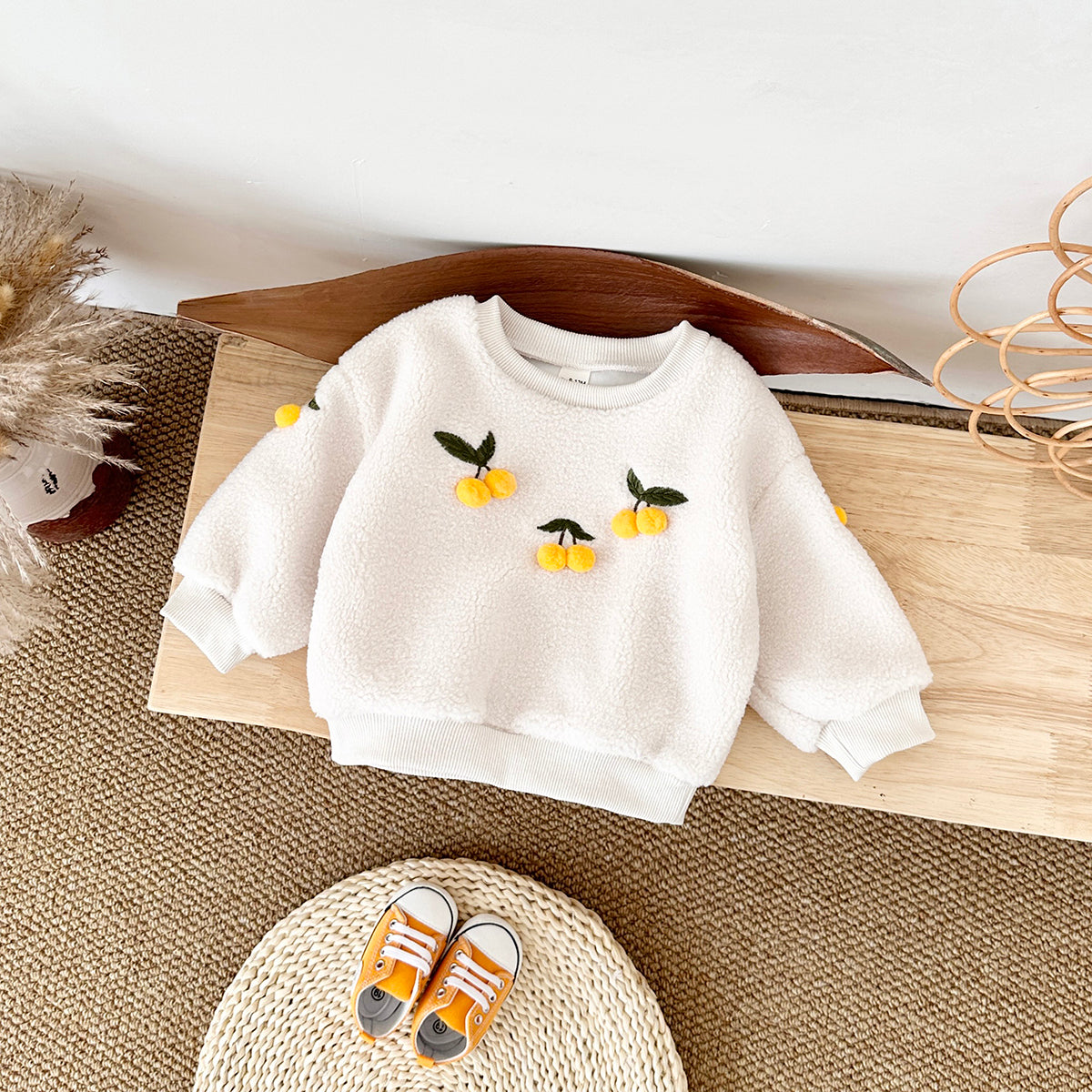Simple Crewneck Kids Fleece Sweatshirt, 3D Cherry Fun Cute Baby Top