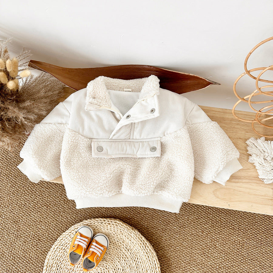 Cute Baby Sherpa Spliced Coat, Corduroy Kids Top With Front Pocket