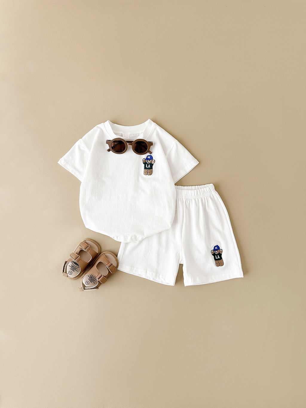 Korean Simple White Baby Summer Clothes Cotton Bear Infant Loungewear