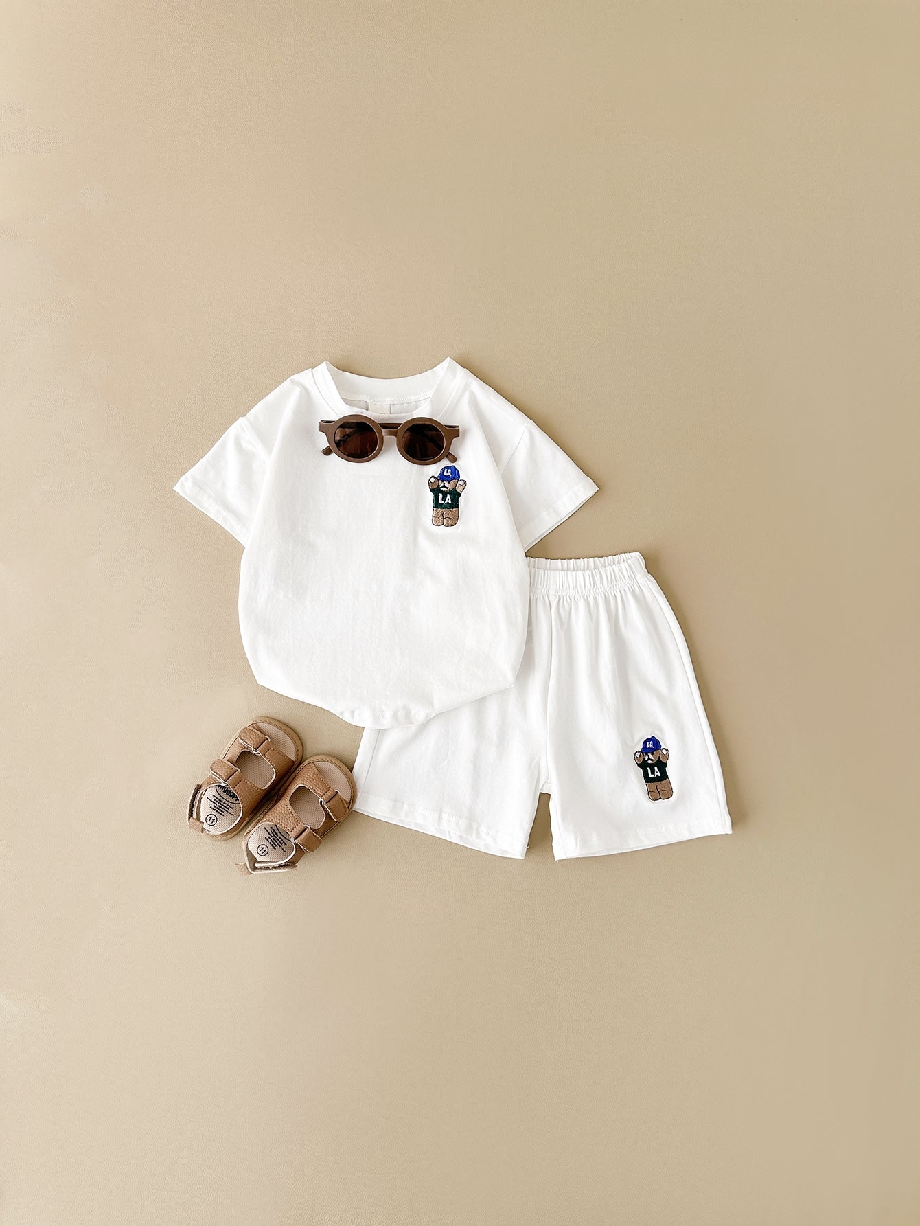 Korean Simple White Baby Summer Clothes Cotton Bear Infant Loungewear