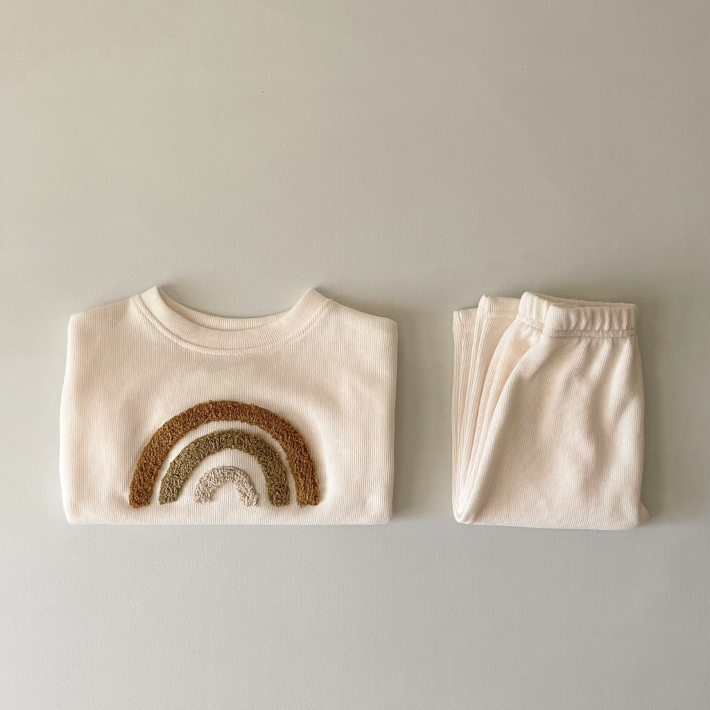 Cream Waffle Baby Set Earth Tone Rainbow Towel Embroidery Newborn 2Pcs