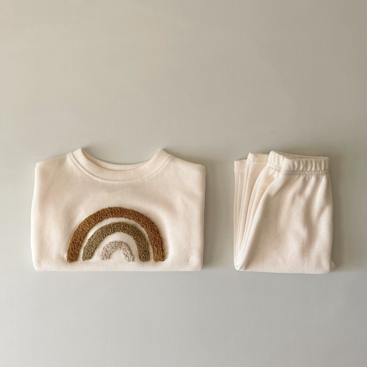 Cream Waffle Baby Set Earth Tone Rainbow Towel Embroidery Newborn 2Pcs