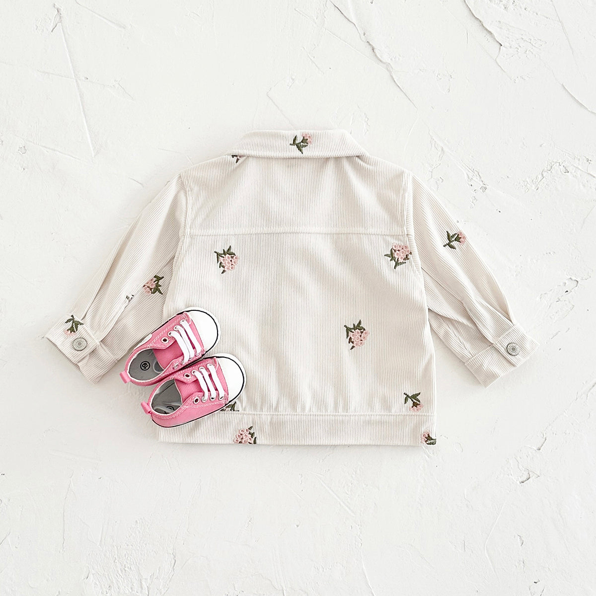 Simple Vintage Girls Corduroy Jacket, All-over Floral Embroidery Baby Coat