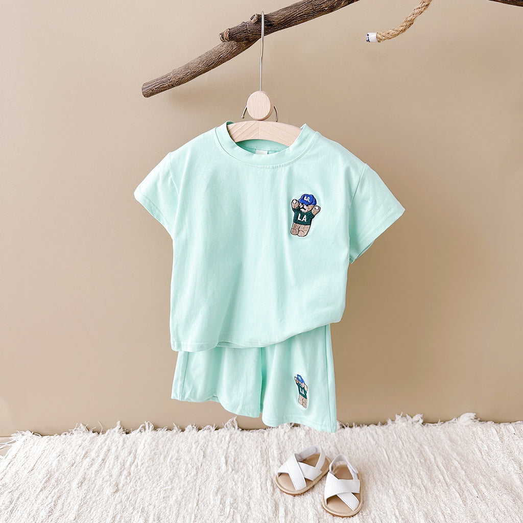 Summer Bear Embroidery Short Sleeve Tee Set
