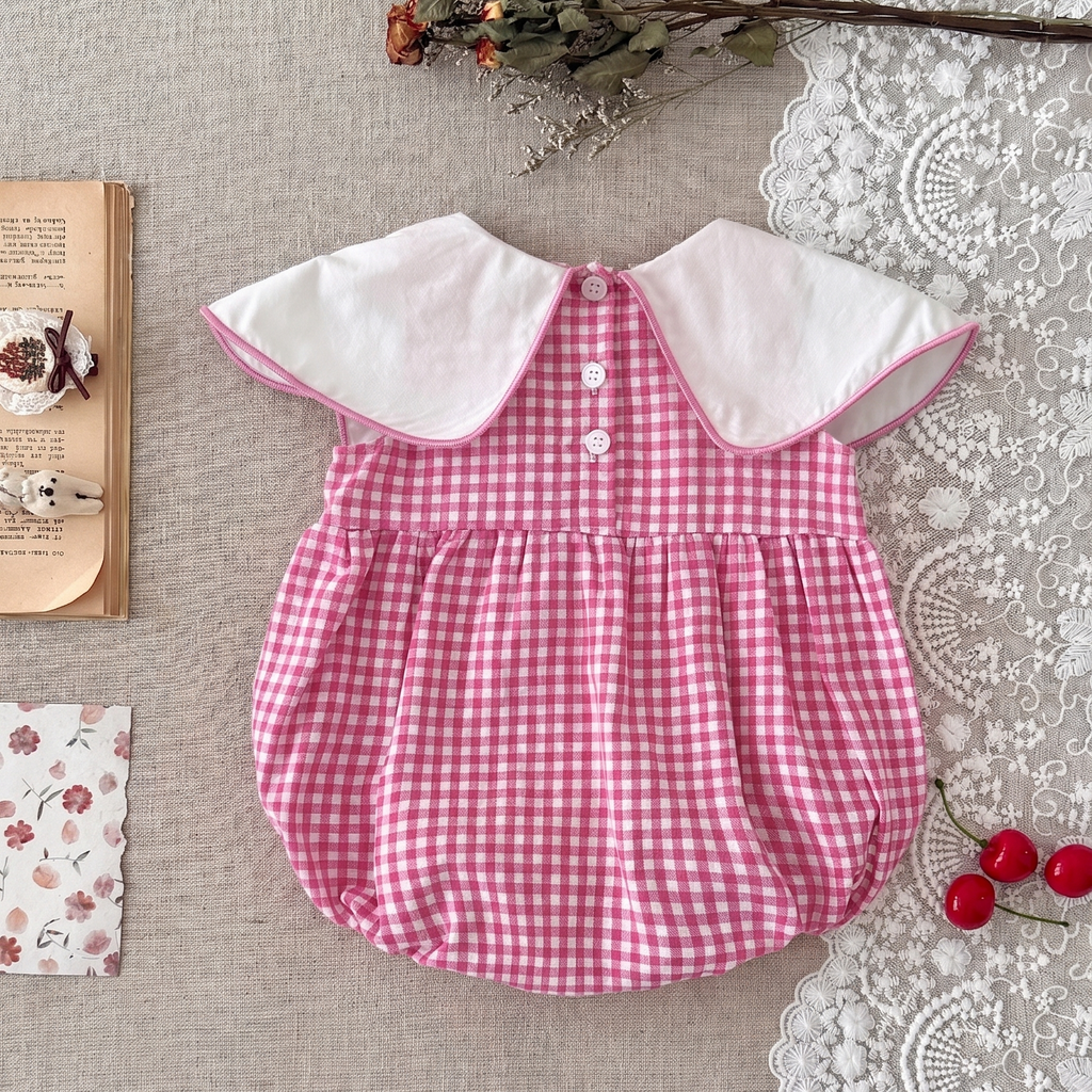 Strawberry Embroidered Gingham Baby Girl Bubble Romper