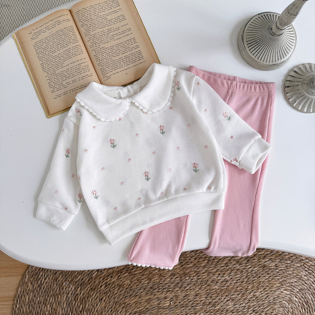Baby Girl Floral Embroidered Long Sleeve Top and Pants Set Spring Autumn 0-3 Years Old