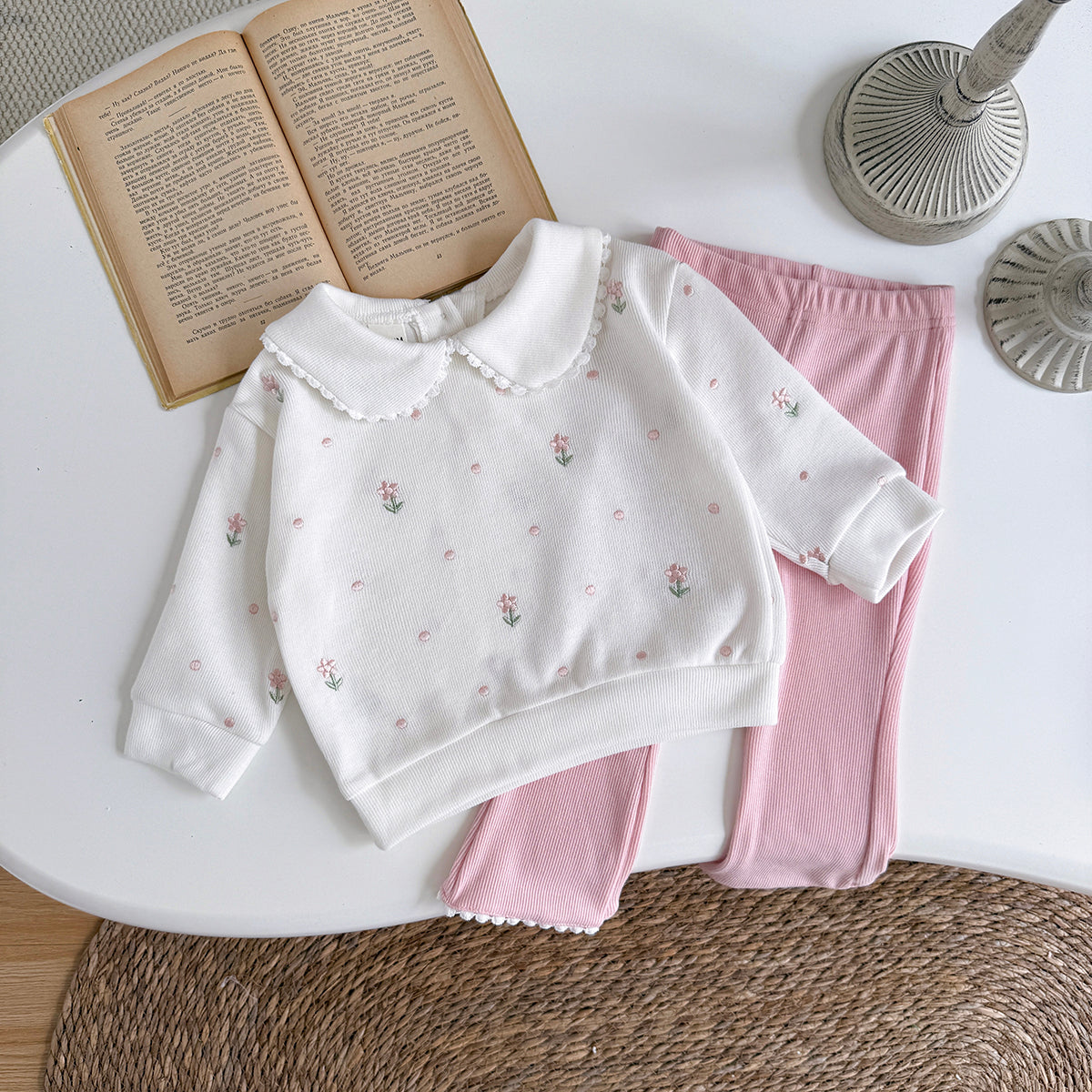 Baby Girl Floral Embroidered Long Sleeve Top and Pants Set Spring Autumn 0-3 Years Old