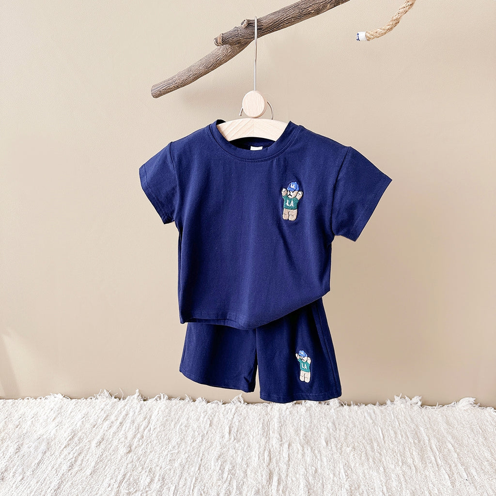 Summer Bear Embroidery Short Sleeve Tee Set