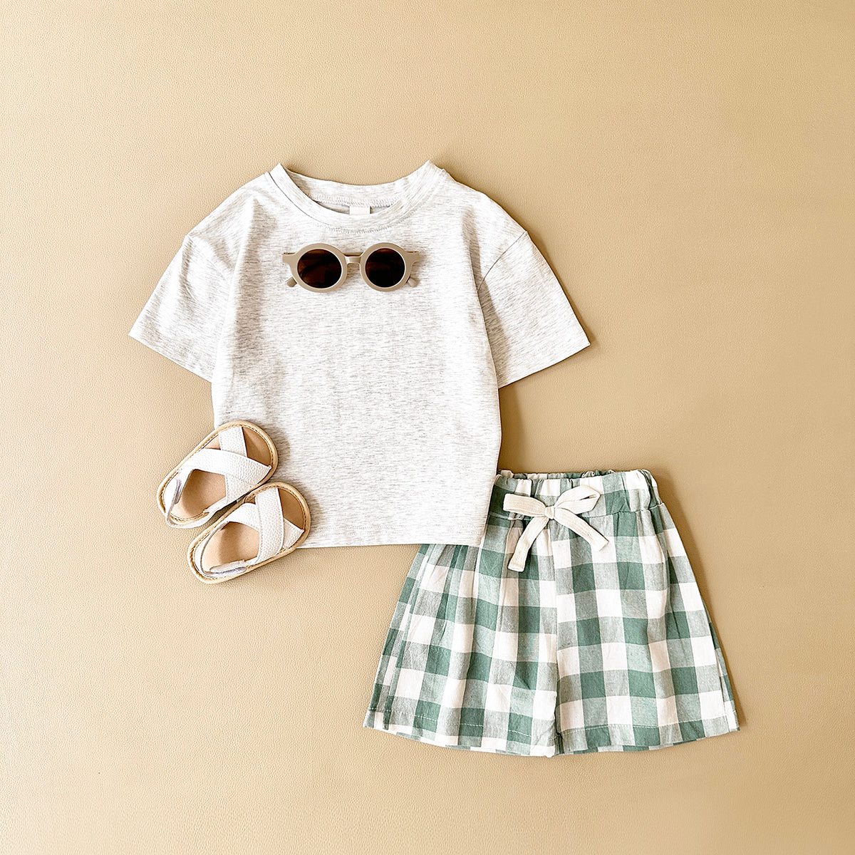 Summer Cartoon Dinosaur Print Short Sleeve T-shirt & Plaid Shorts