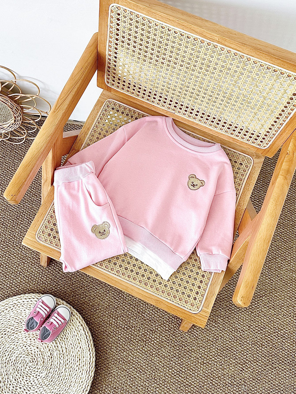 Soft Pink Bear Embroidery Baby Sweatshirt Set Korean Girls 2Pcs Outfit