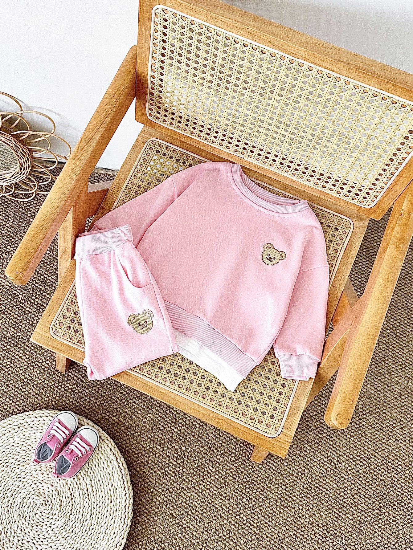 Soft Pink Bear Embroidery Baby Sweatshirt Set Korean Girls 2Pcs Outfit