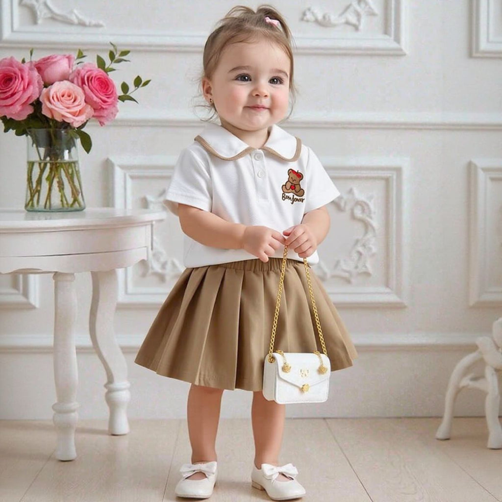Baby Girl Bear Embroidery Polo Top Pleated Skirt Set