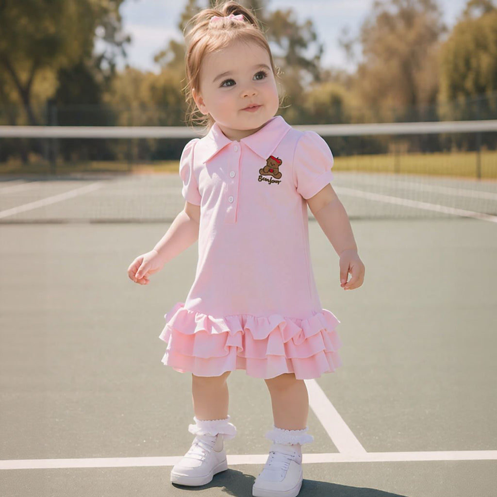Baby Girl Pink Polo Dress Bear Embroidery Ruffle Hem