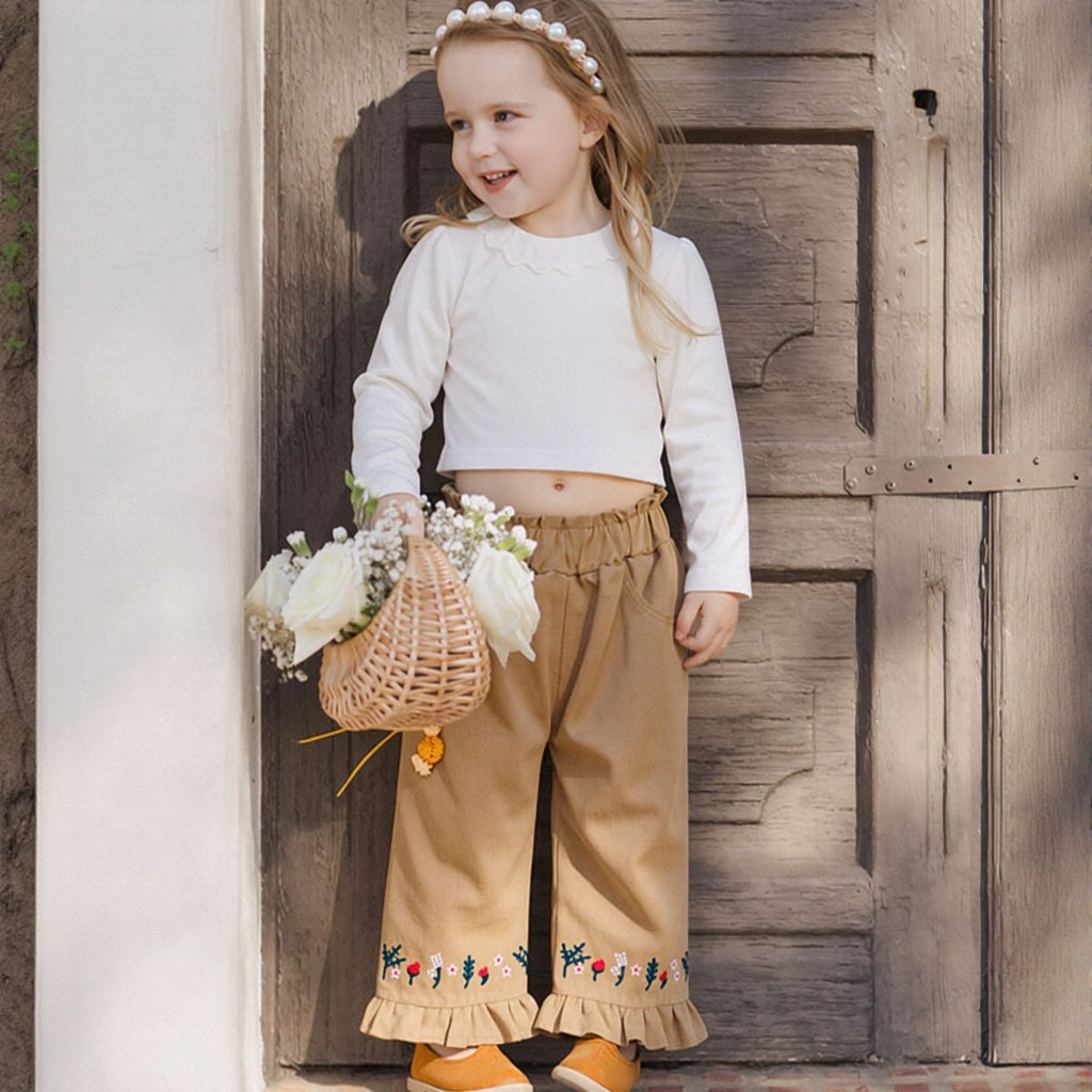 Embroidered Pants with Ruffle Hem for Baby Girls, Spring Autumn