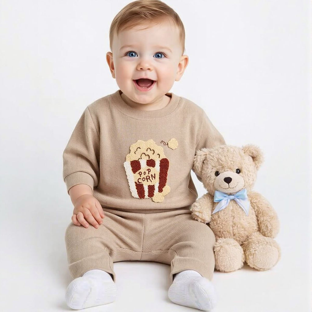 Popcorn Towel Embroidery Casual Set for Spring Autumn