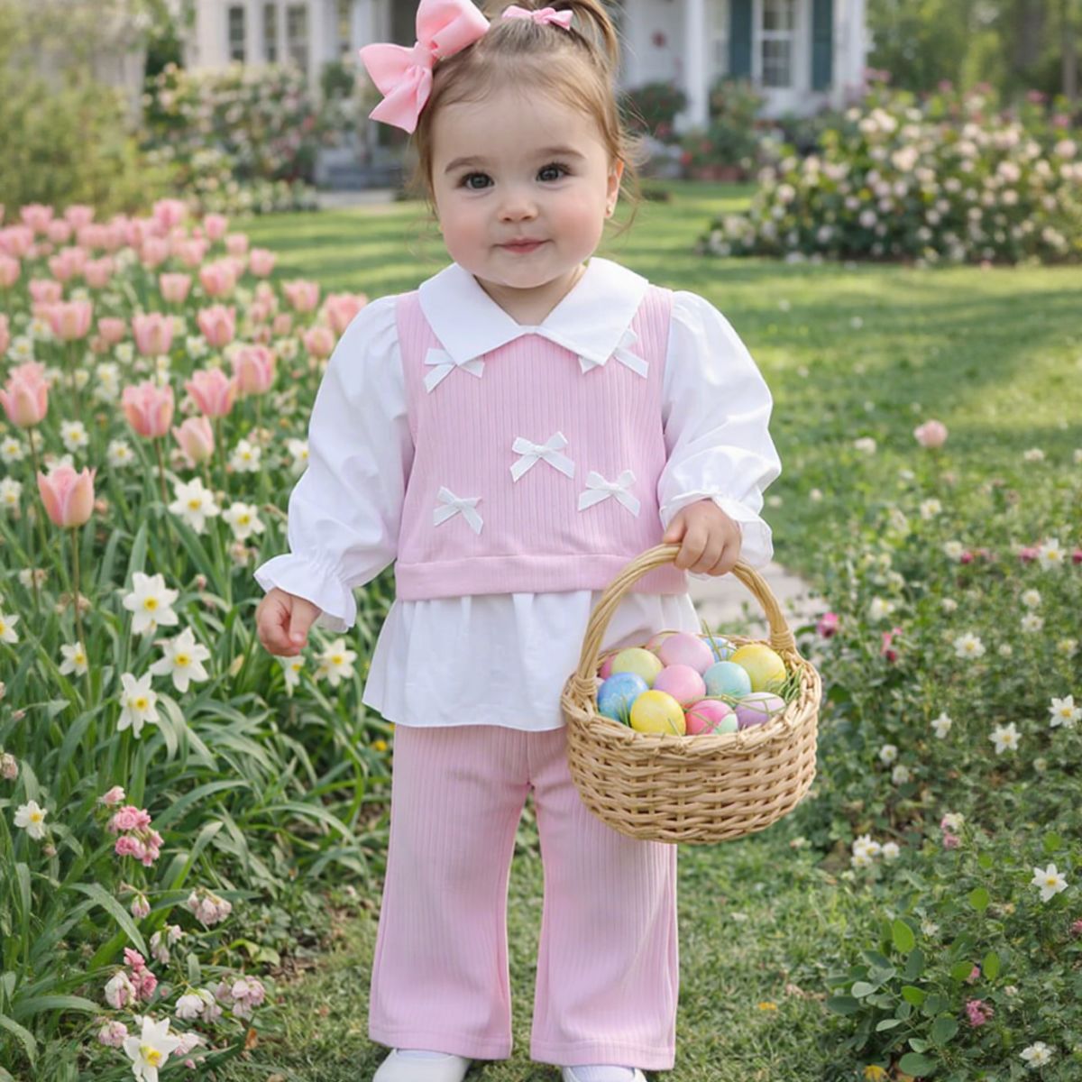 Bow Decor Fake Two-Piece Set for Baby Girls