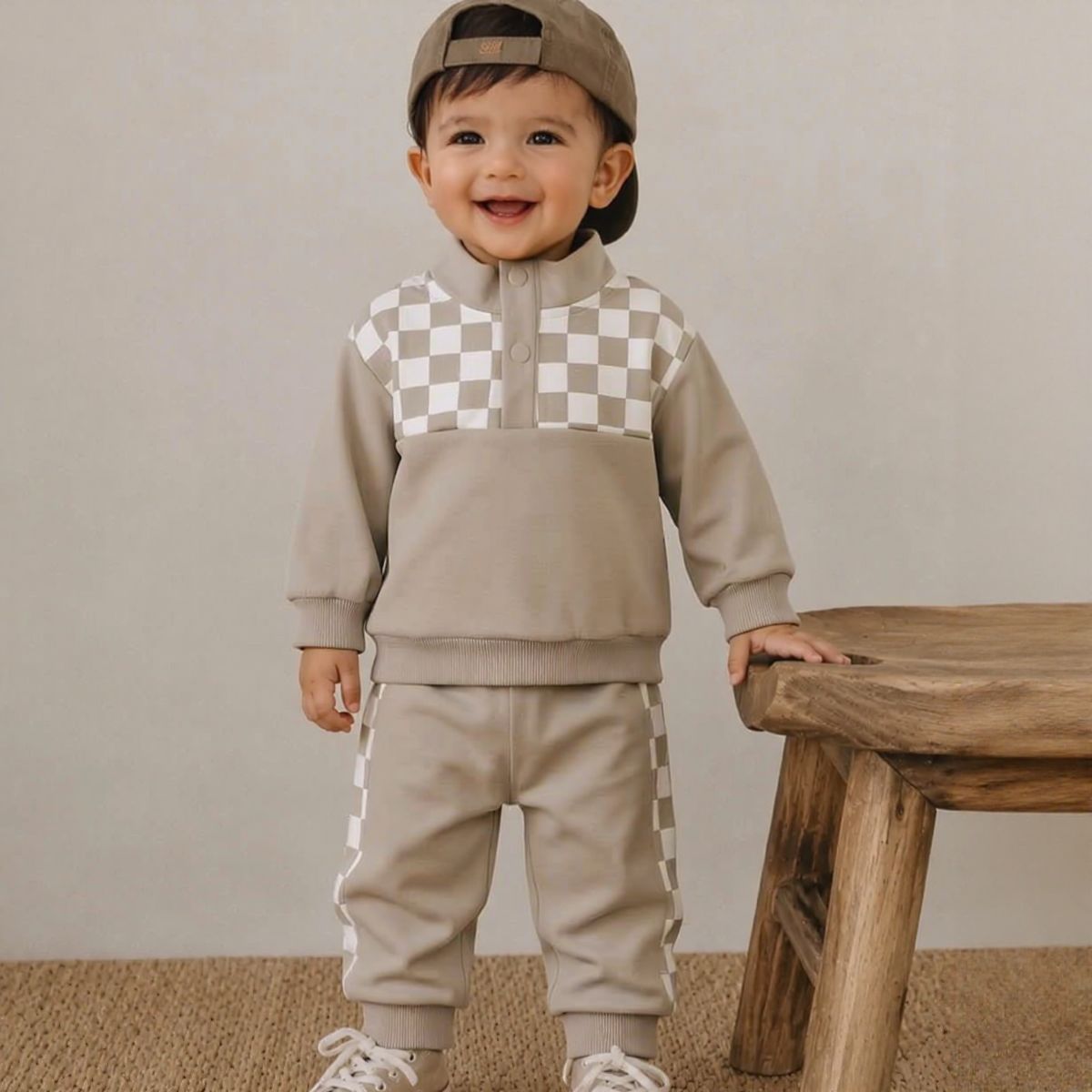 Stand Collar Plaid Printed Sweatshirt Set for Baby Boys, Spring Autumn
