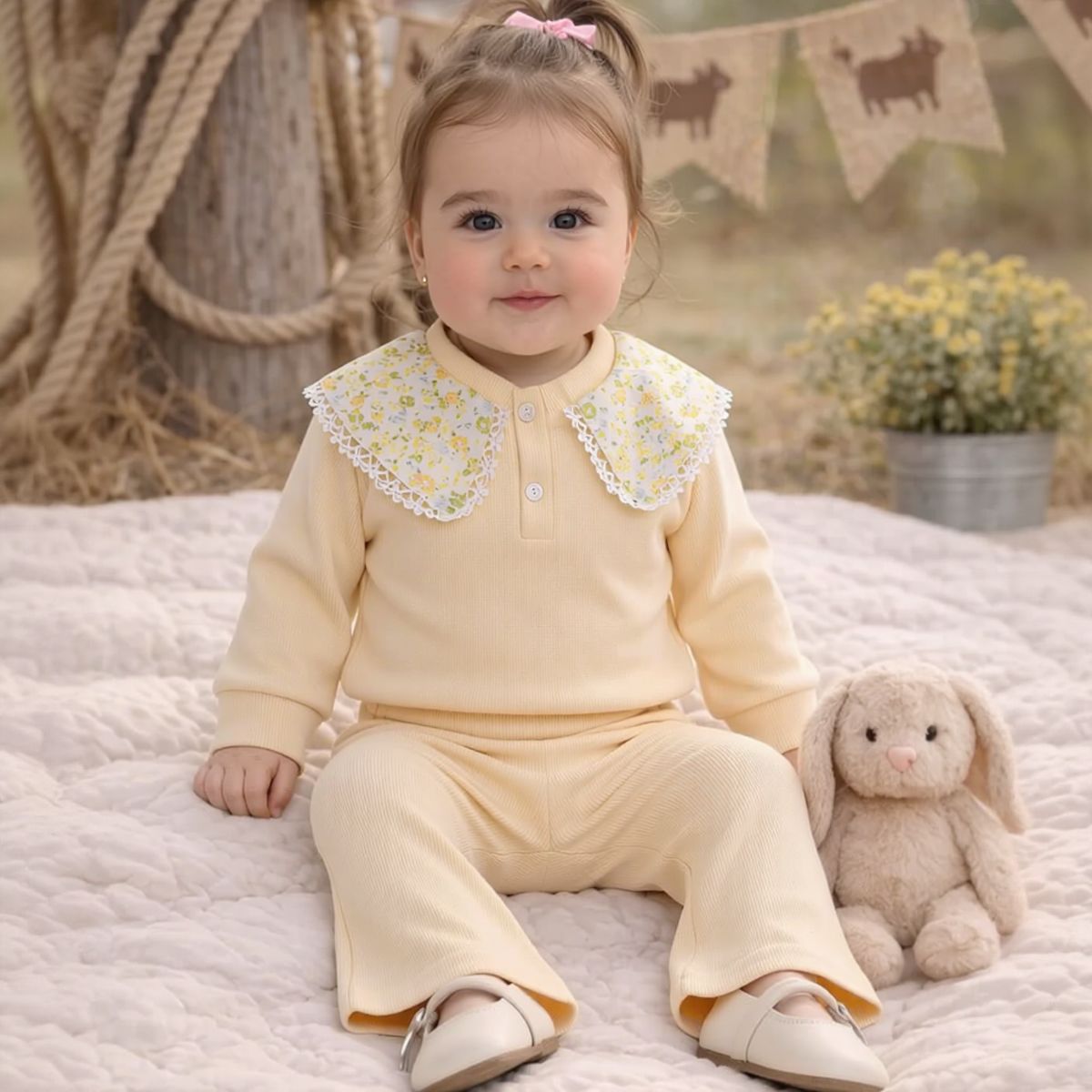 Small Floral Print Neckline Set for Baby Girls, Spring Autumn