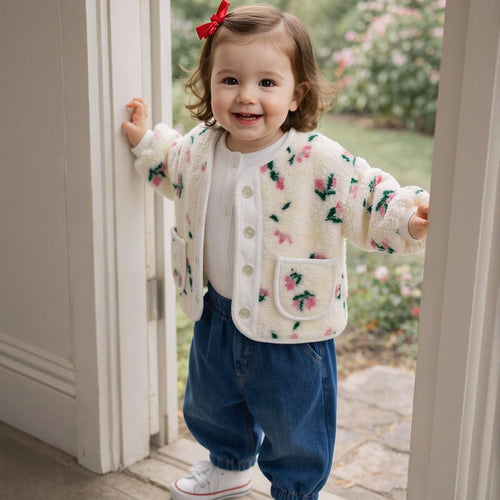 Autumn Winter Floral Fleece Jacket for Baby Girls