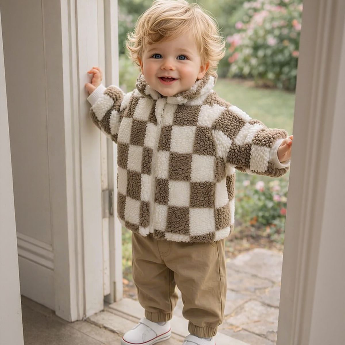 Warm Checkerboard Fleece Top for Autumn Winter