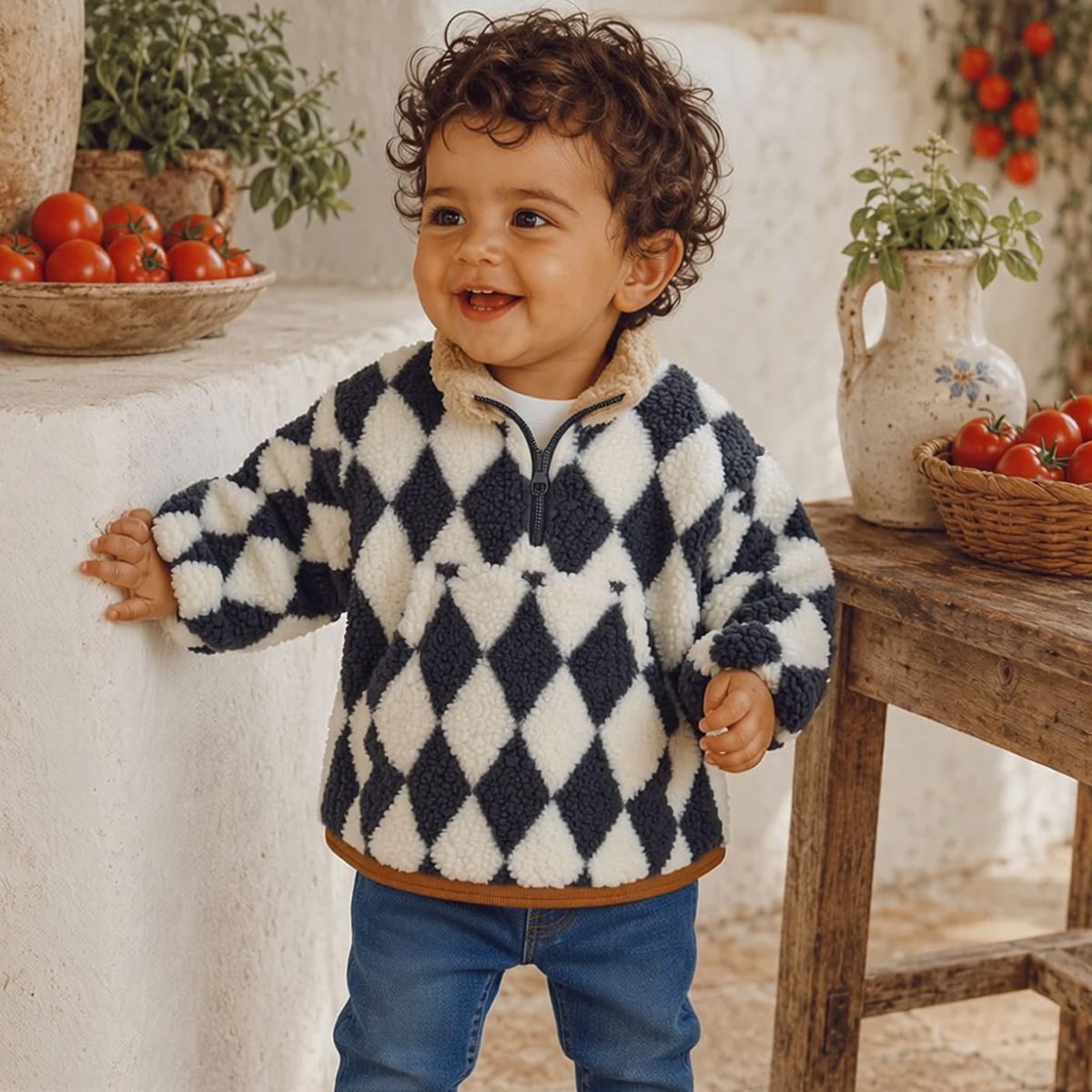 Small Diamond Pattern Fleece Top for Autumn Winter