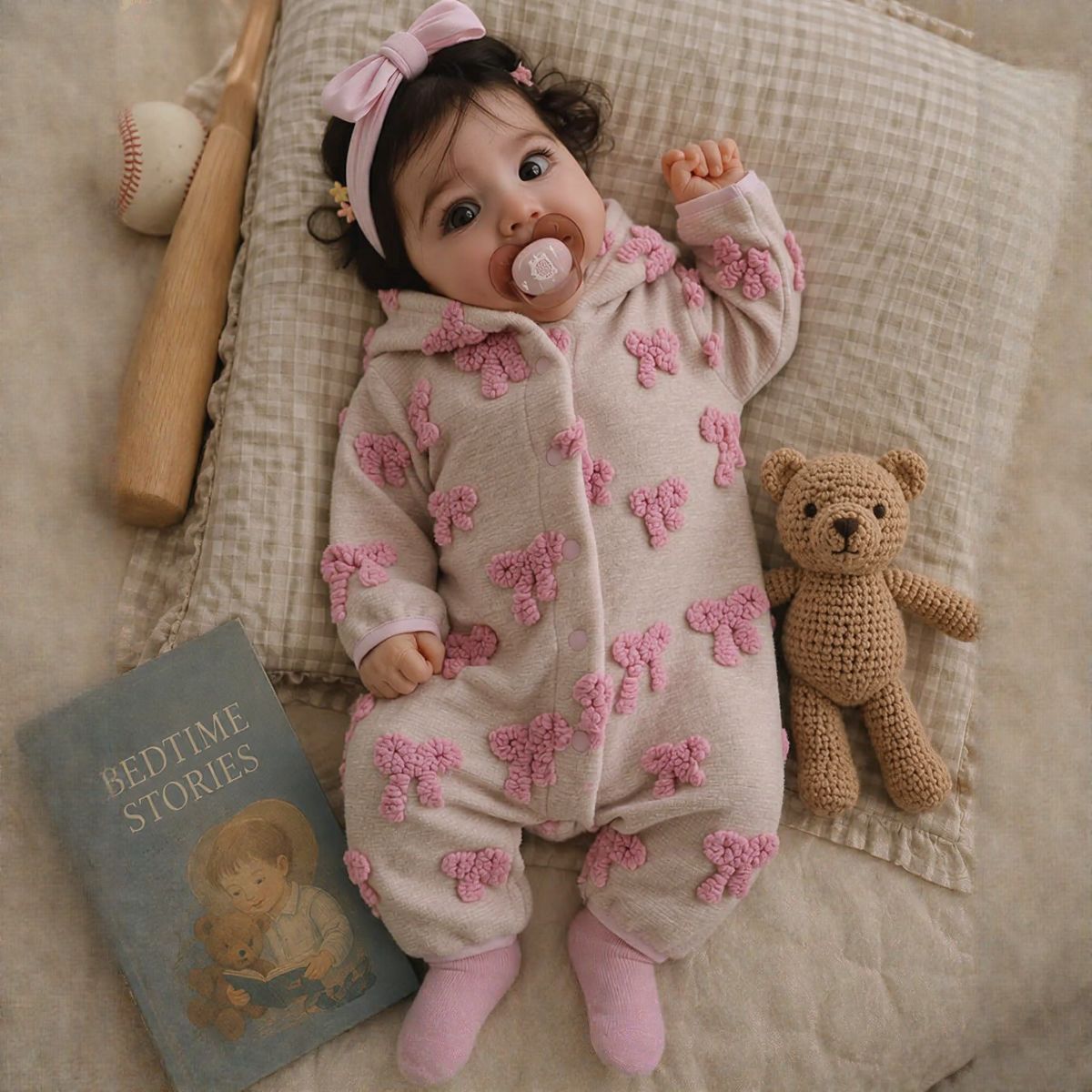 Hooded Cute Bowknot Romper for Baby Girl, Autumn Winter