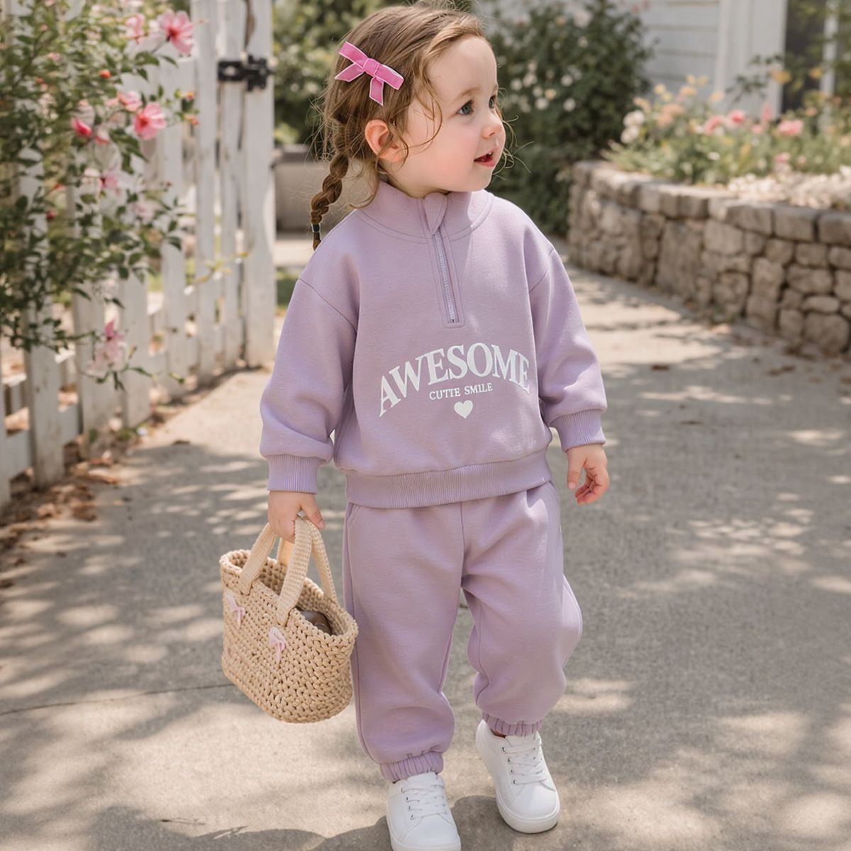Autumn and winter fleece-lined letter print girls' fashion set