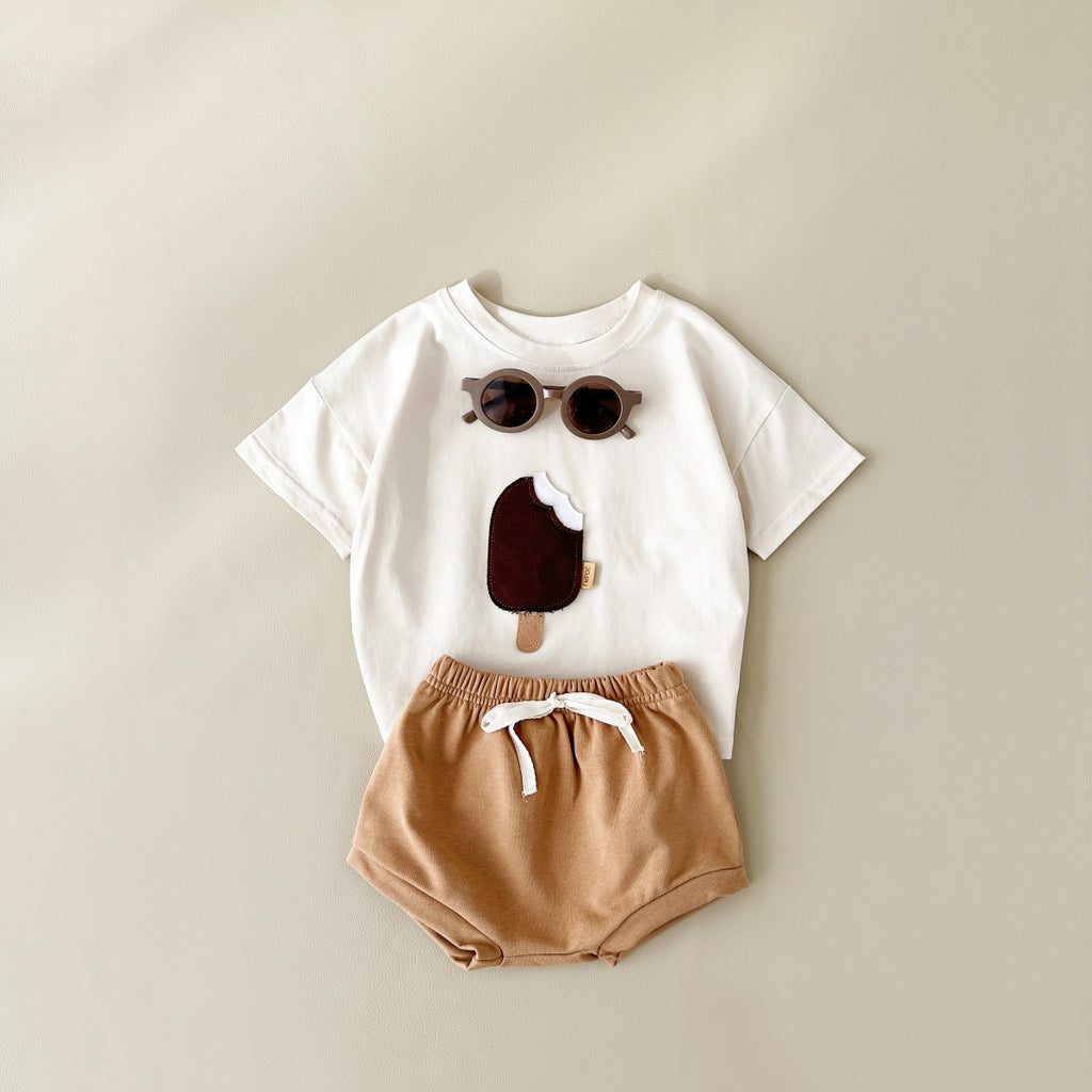 Summer Cute Ice Cream Applique Short Sleeve T-shirt & Shorts