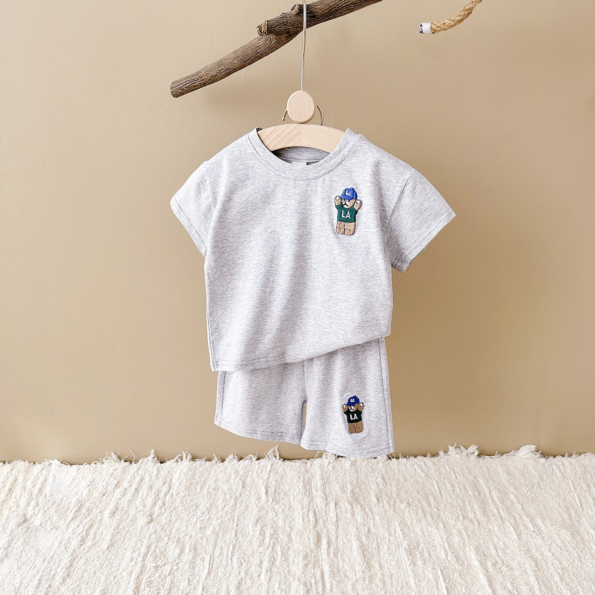 Summer Bear Embroidery Short Sleeve Tee Set