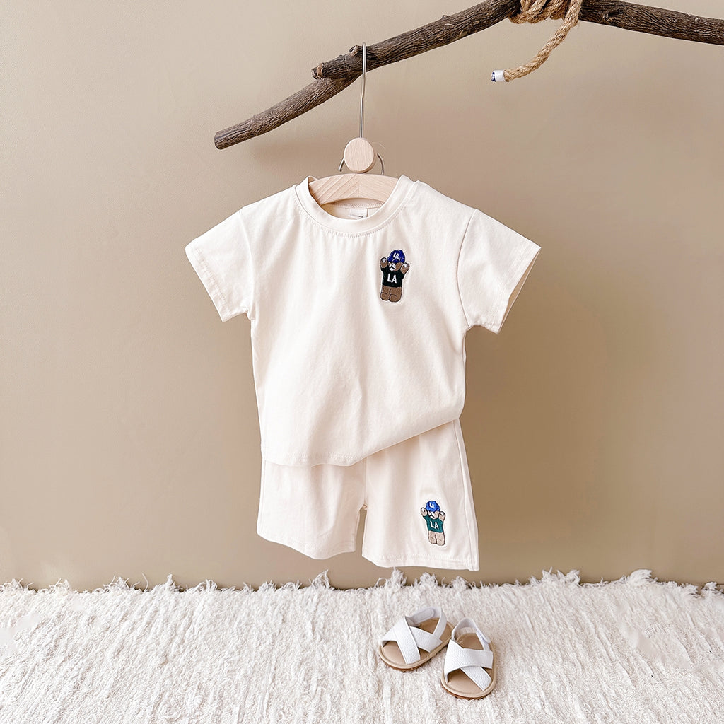 Summer Bear Embroidery Short Sleeve Tee Set