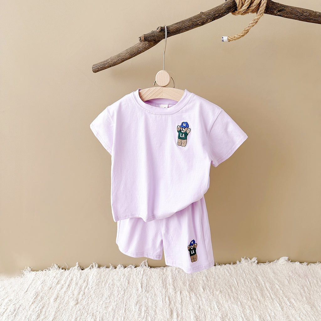 Summer Bear Embroidery Short Sleeve Tee Set