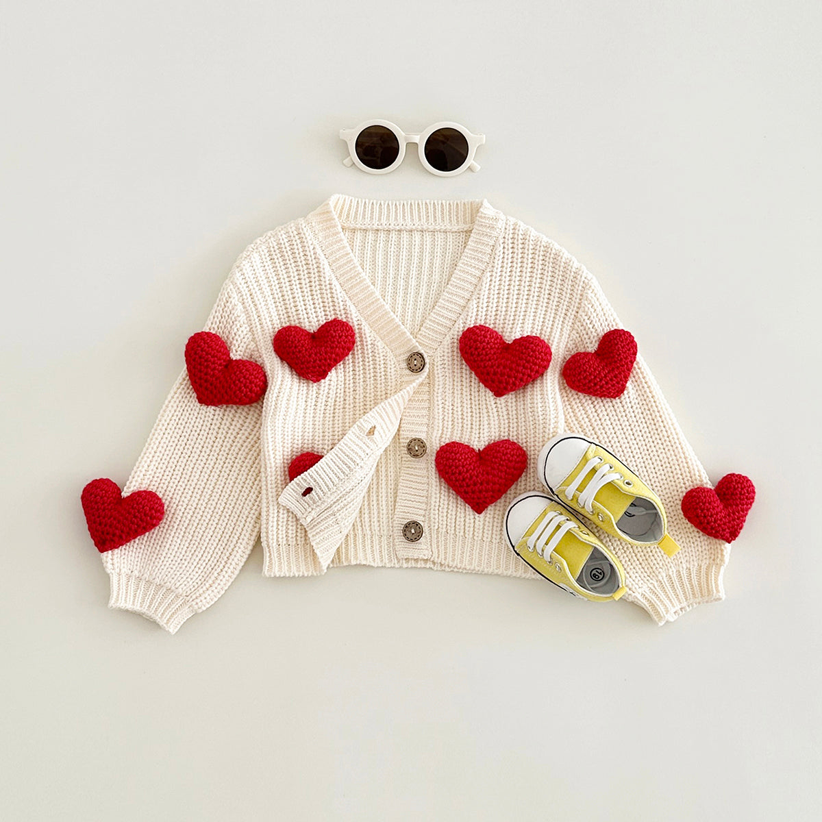 Cute Baby 3D Crochet Heart Cardigan, Soft Thick Knit Girl Outerwear