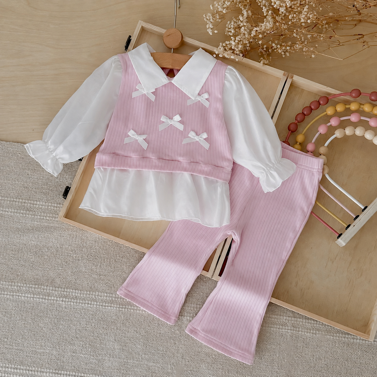 Bow Decor Fake Two-Piece Set for Baby Girls