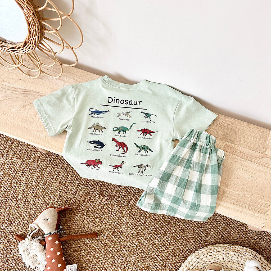 Summer Cartoon Dinosaur Print Short Sleeve T-shirt & Plaid Shorts