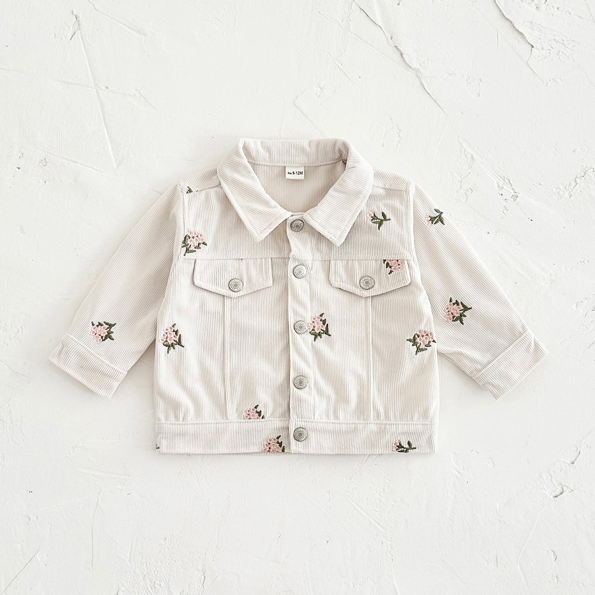 Simple Vintage Girls Corduroy Jacket, All-over Floral Embroidery Baby Coat