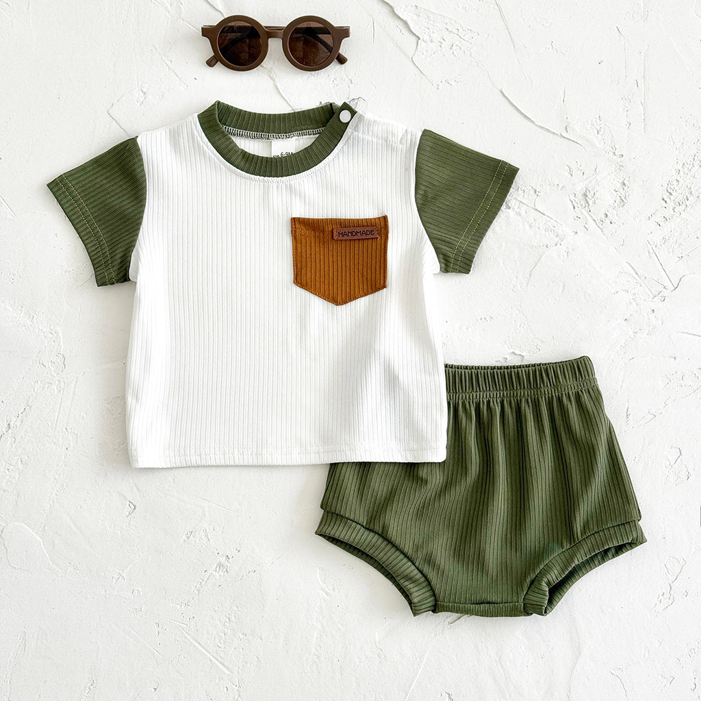 Summer Casual Green & White Color Block Set for Boys