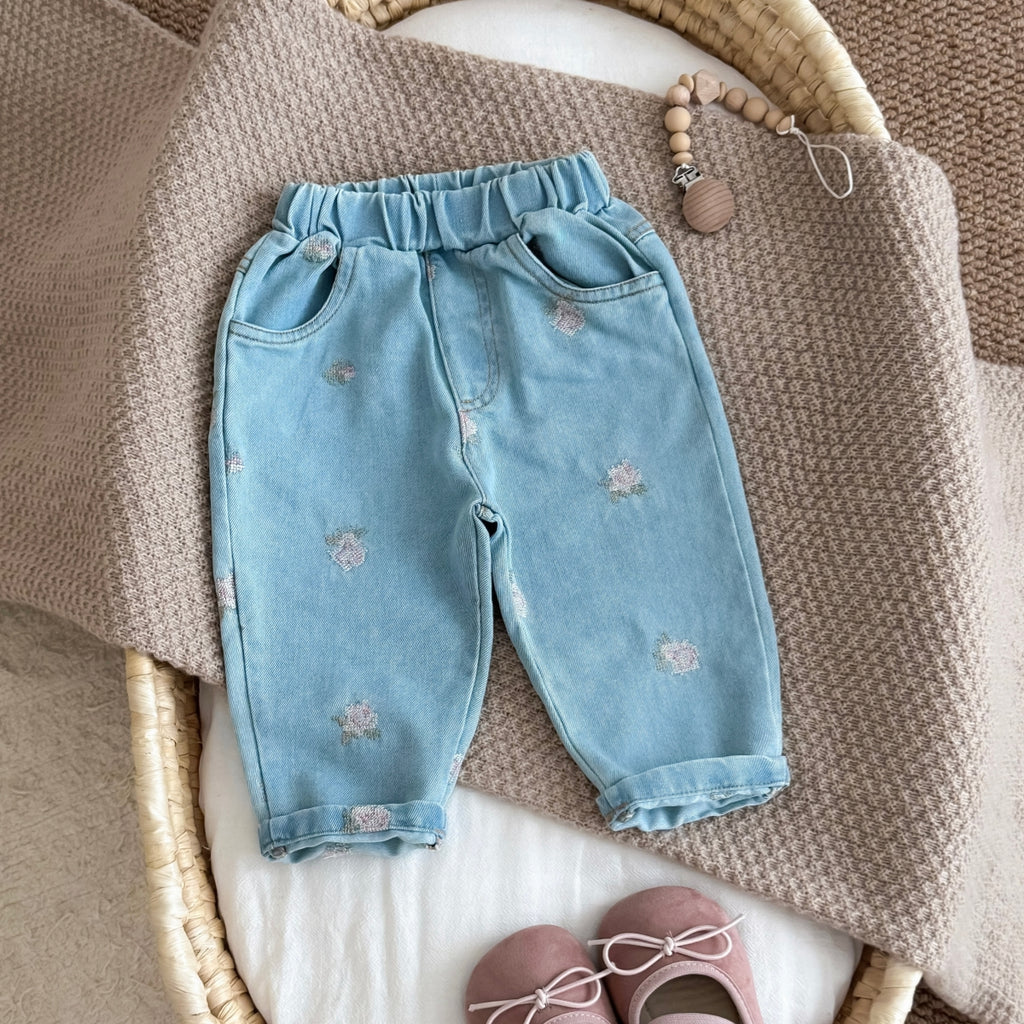Baby Floral Embroidered Soft Denim Pants