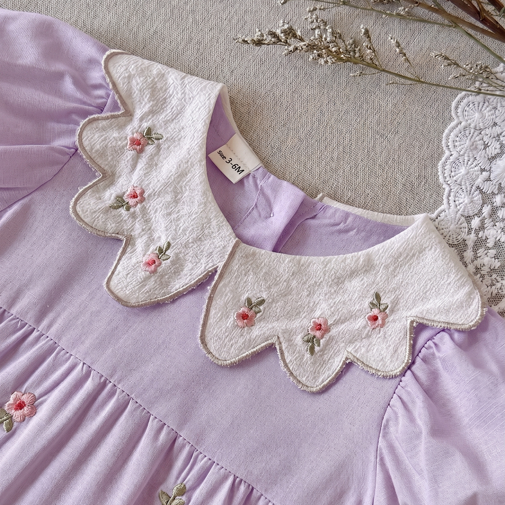 Puff Sleeve Baby Romper Floral Embroidery Peter Pan Collar Bodysuit