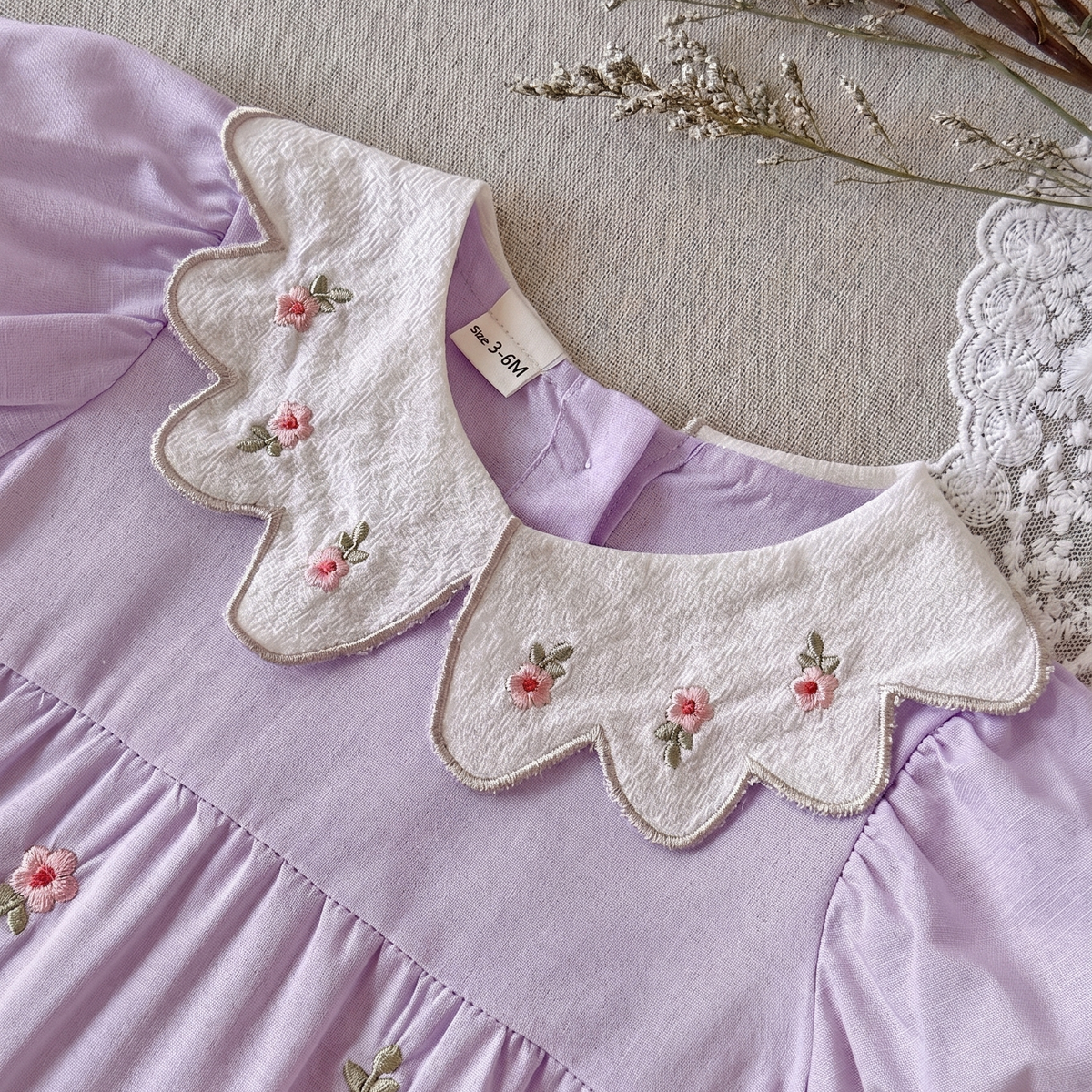 Puff Sleeve Baby Romper Floral Embroidery Peter Pan Collar Bodysuit
