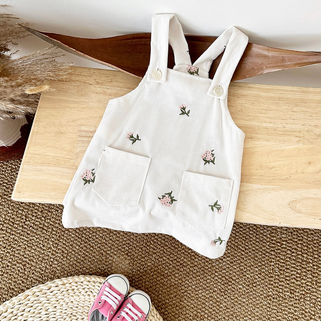 Spring Autumn Girls Embroidery Overall Dress With Double Pockets