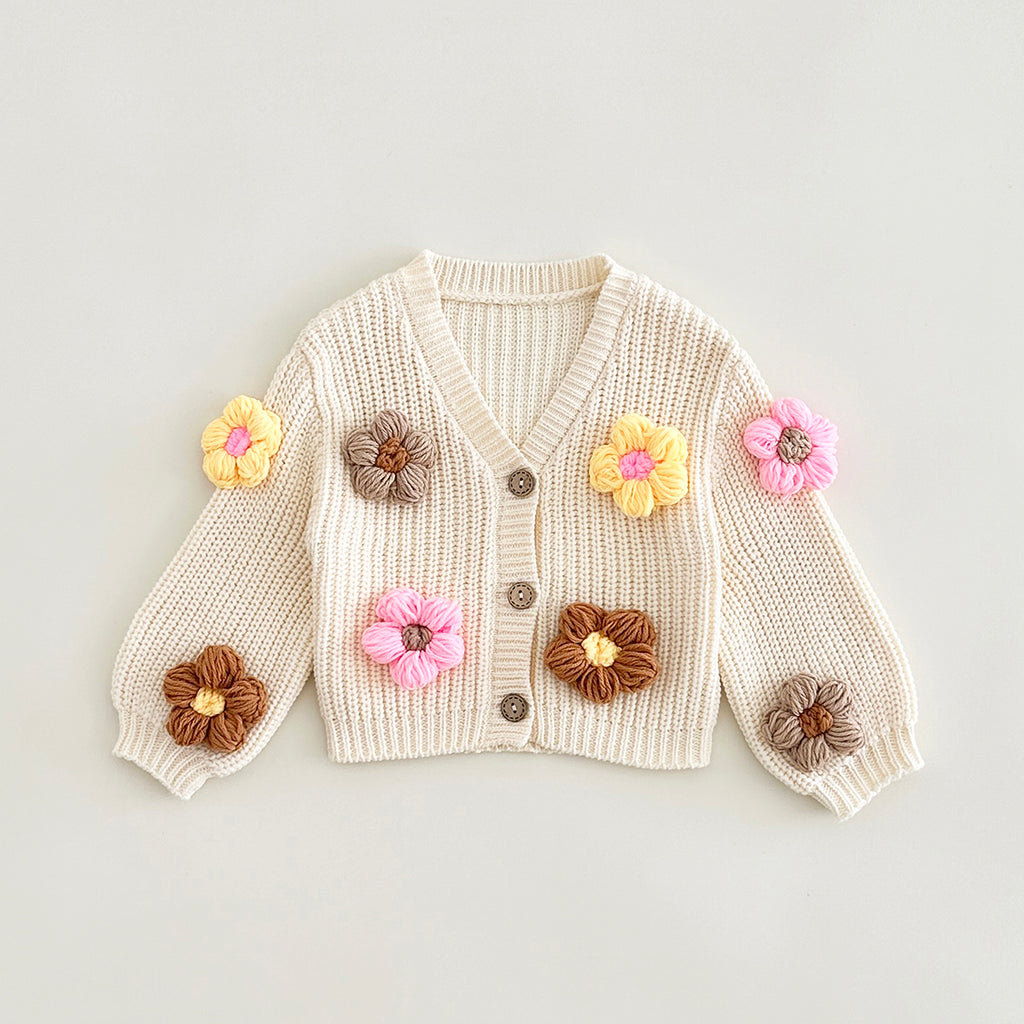 Cute Baby 3D Color Flower Cardigan, Soft Thick Knit Girls Outerwear